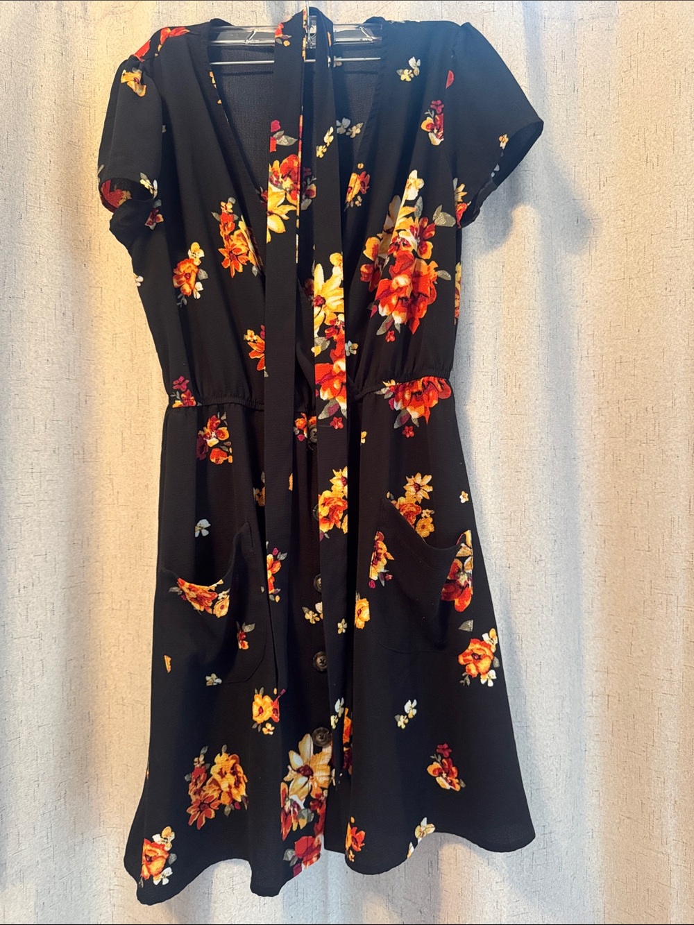 Xhilaration Black Floral Tie-Waist Dress with Orange and Yellow Flowers